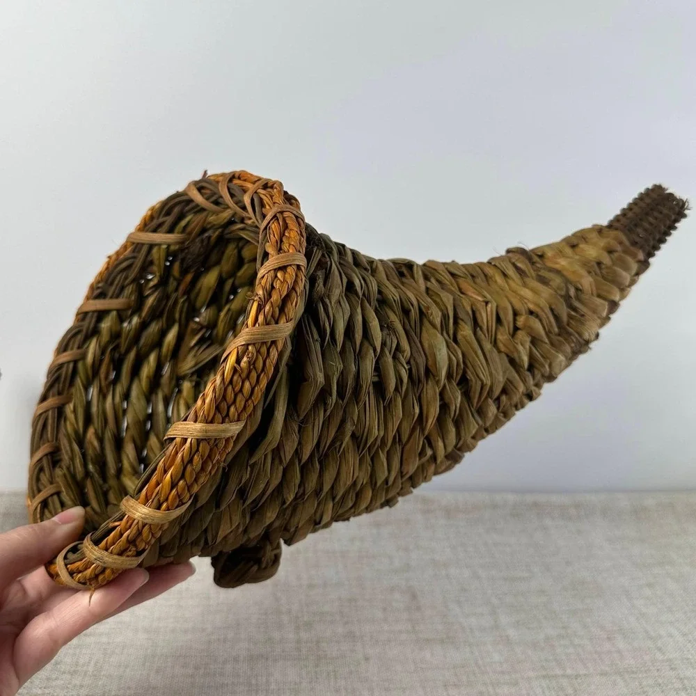 Vintage Woven Cornucopia Basket Pair Horn of Plenty Fall Thanksgiving Decor